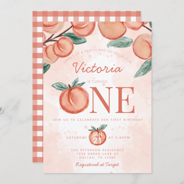 Cute Sweet Peach turning ONE 1st Birthday Party Invitation (Front/Back)