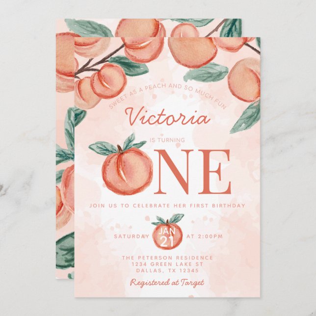 Cute Sweet Peach turning ONE 1st Birthday Party Invitation (Front/Back)