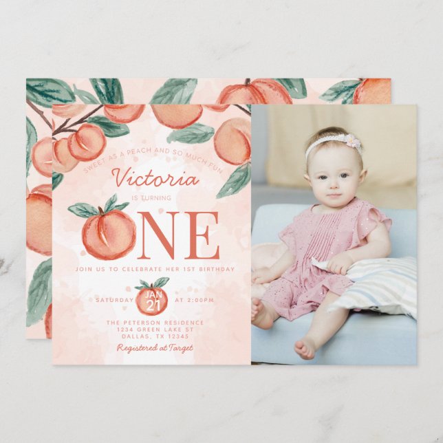 Cute Sweet Peach turning ONE 1st Birthday Party Invitation (Front/Back)
