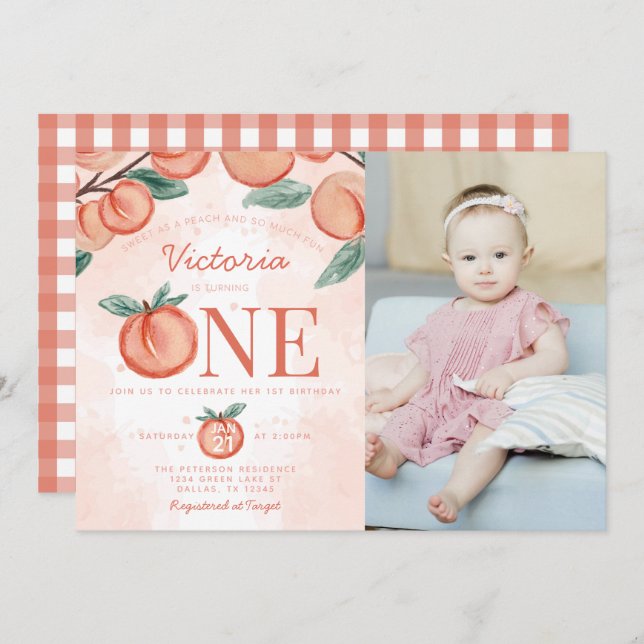 Cute Sweet Peach turning ONE 1st Birthday Party Invitation (Front/Back)