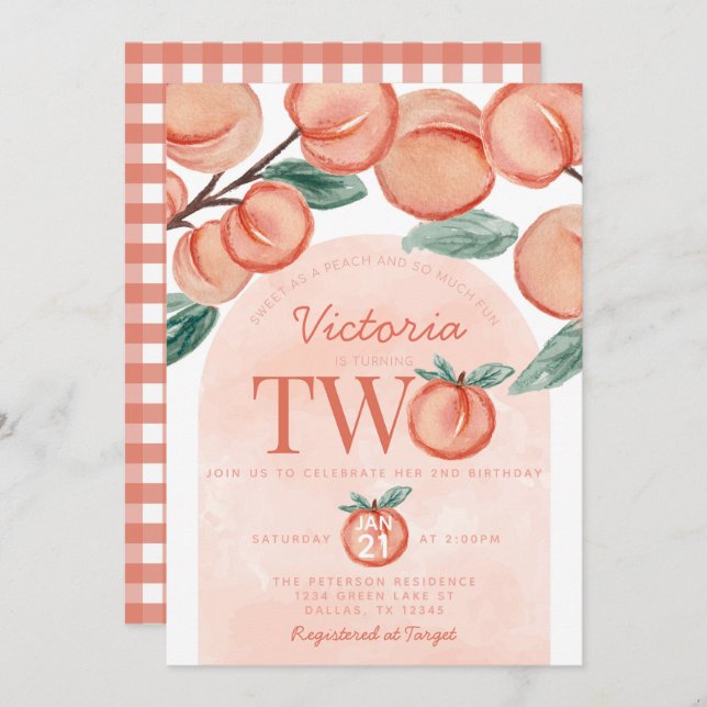 Cute Sweet Peach turning TWO 2nd Birthday Party Invitation (Front/Back)