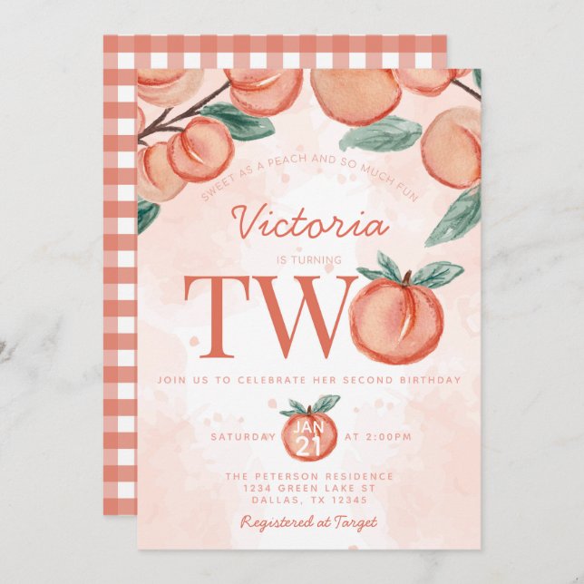 Cute Sweet Peach turning TWO Second Birthday Party Invitation (Front/Back)