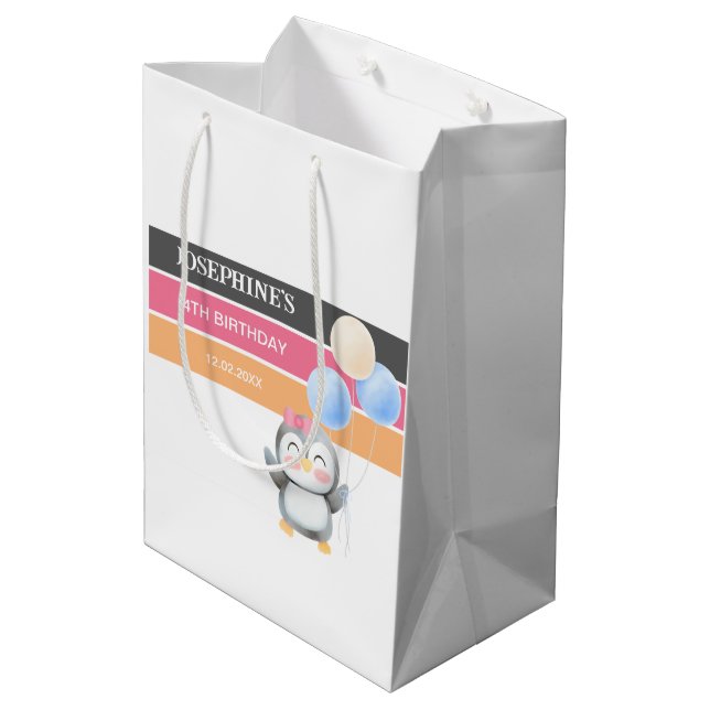 Cute Sweet Penguin Balloon Girl Birthday  Medium Gift Bag (Back Angled)