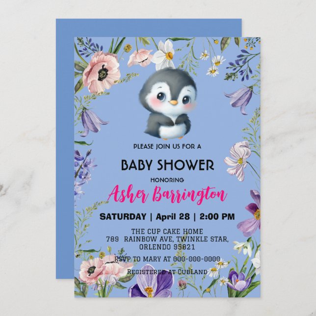 Cute sweet penguin Rustic flower baby shower kids Invitation (Front/Back)