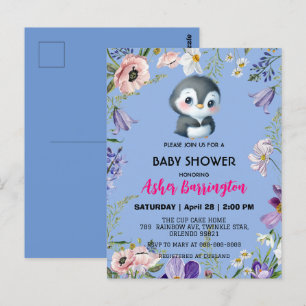 Cute sweet penguin Rustic flower baby shower kids Postcard
