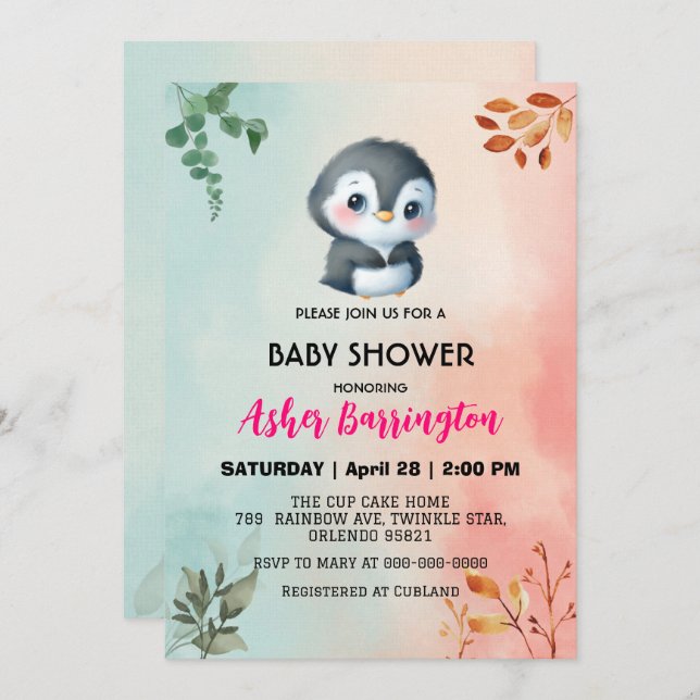 Cute sweet penguin Spring flower baby shower kids Invitation (Front/Back)
