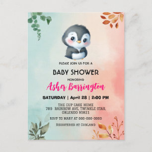 Cute sweet penguin Spring flower baby shower kids Postcard
