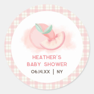 Cute Sweet Pink Gingham Peach Baby Shower Classic Round Sticker