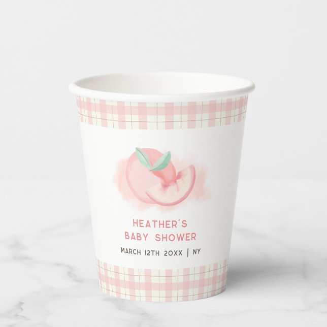 Cute Sweet Pink Gingham Peach Baby Shower Paper Cups (Front)