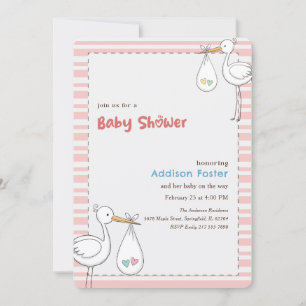 Cute Sweet Pink Stork Girl Baby Shower Invitation