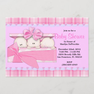 CUTE Sweet PINK Triplets Baby Shower Invitation