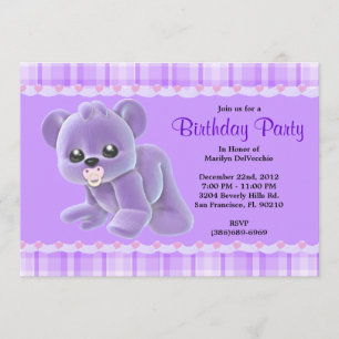 CUTE Sweet Plush Purple Teddy Bear Birthday Invitation