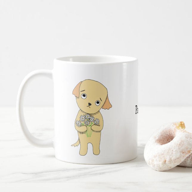 Cute Sweet Puppy with Ooopsie Daisies Custom Name Coffee Mug (With Donut)
