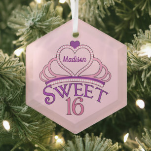 Cute Sweet Sixteen Birthday Custom Pink Christmas Glass Tree Decoration