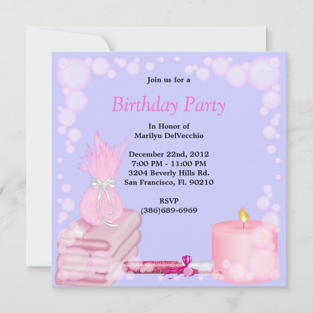 CUTE Sweet Spa Bath Massage and Beauty Party Invit Invitation (Front)