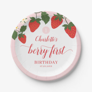 Cute Sweet Strawberry 1st Birthday Paper Plate