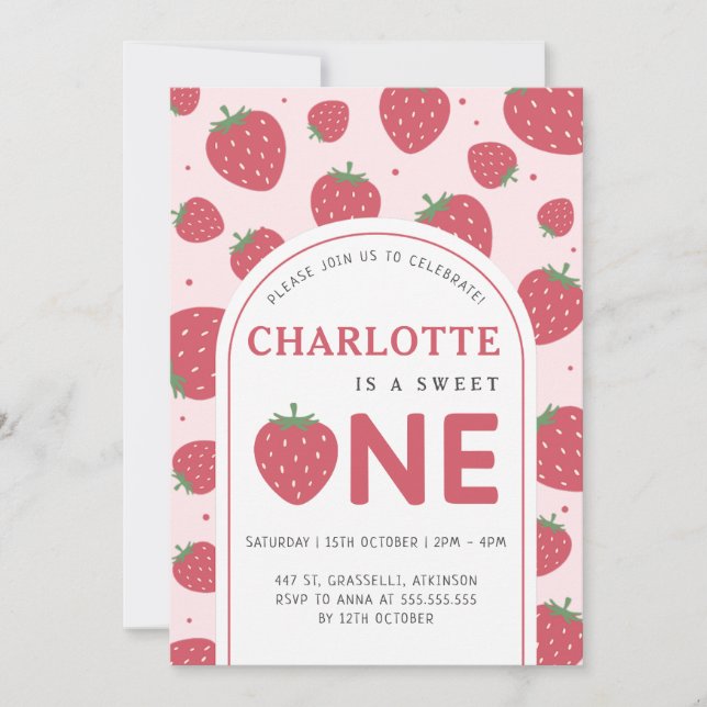 Cute Sweet Strawberry 1st Birthday Party Pink Invitation (Front)