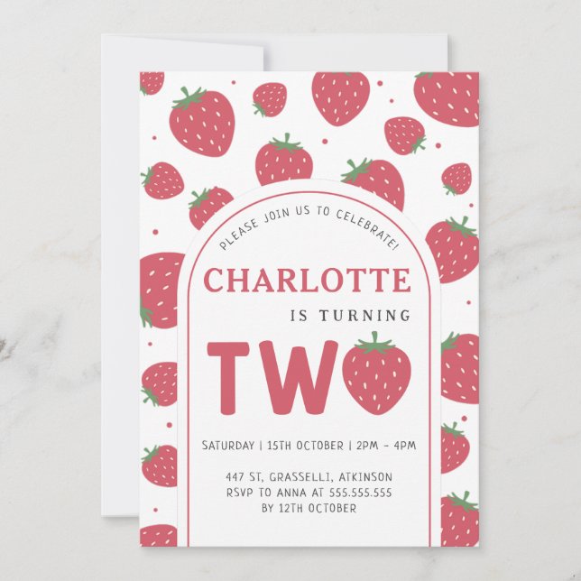 Cute Sweet Strawberry 2nd Birthday Party Invitation (Front)