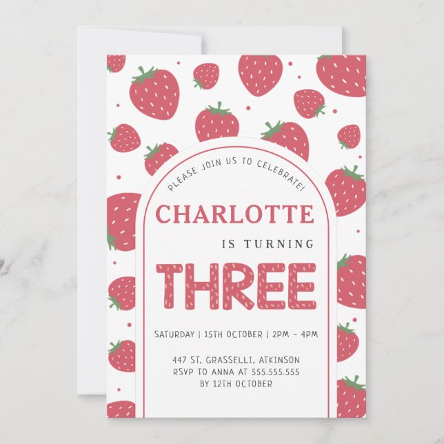 Cute Sweet Strawberry 3rd Birthday Party Invitation (Front)