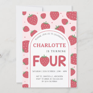 Cute Sweet Strawberry 4th Birthday Party Pink Invitation