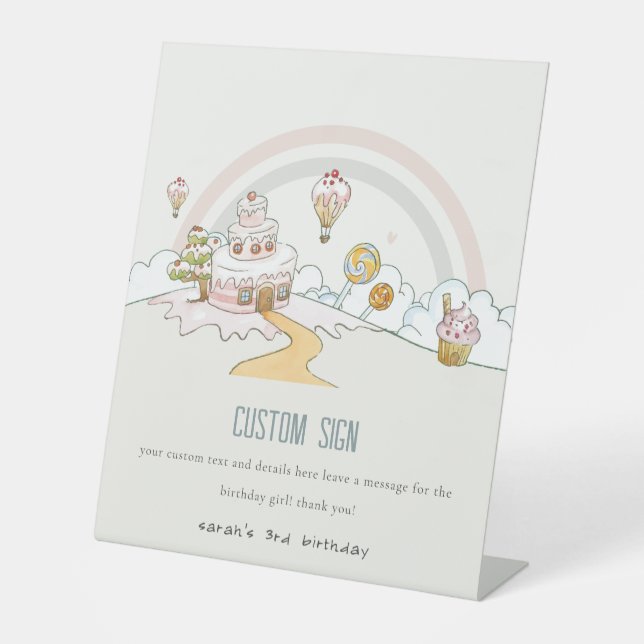 Cute Sweet Time Candy Land Birthday Custom Party Pedestal Sign (Front)
