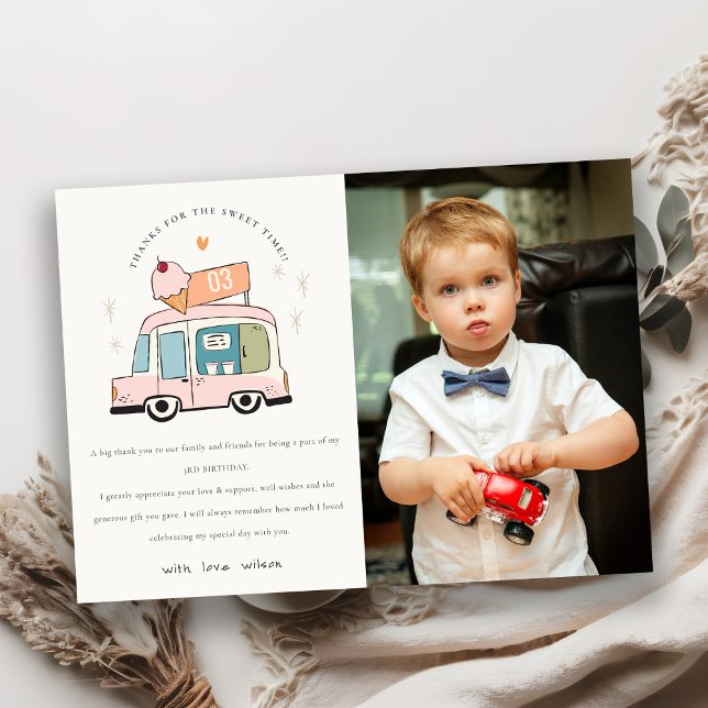 Cute Sweet Time Ice Cream Truck Photo Birthday Thank You Card (Creator Uploaded)