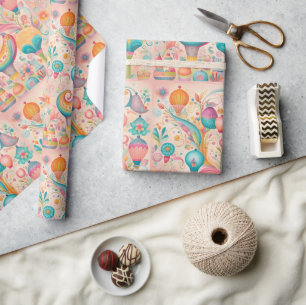 Cute sweet whimsical colourful pattern pink balloo wrapping paper