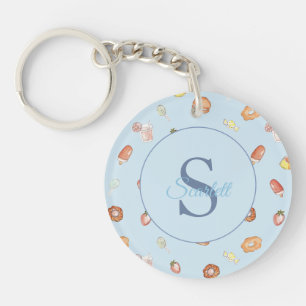Cute Sweets Pattern Monogram Name Blue Photo  Key Ring