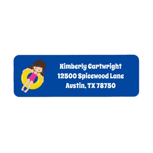 Cute Swim Girl Pool Party Blue Return Address (Front)