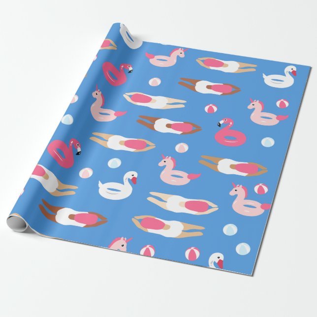 Cute Swimmer and Pool Float Wrapping Paper (Unrolled)