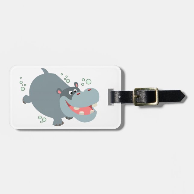 Cute Swimming Cartoon Hippo Luggage Tag (Front Horizontal)