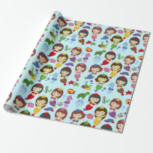 Cute swimming chibi mermaids under sea pattern wrapping paper
