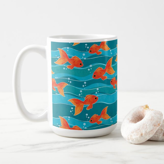 Cute Swimming Goldfish & Water Pattern Coffee Mug (With Donut)