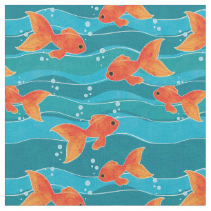 Cute Swimming Goldfish & Water Pattern Fabric
