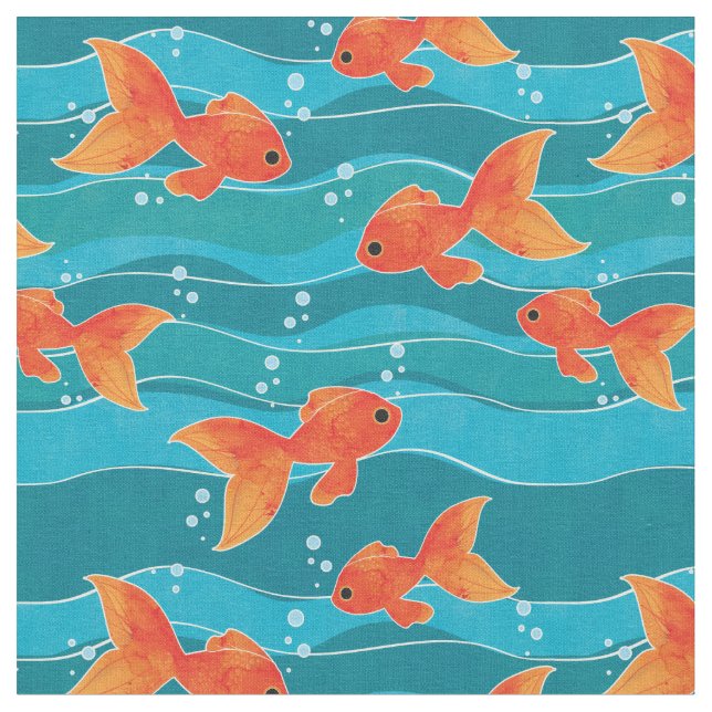 Cute Swimming Goldfish & Water Pattern Fabric (Close Up)