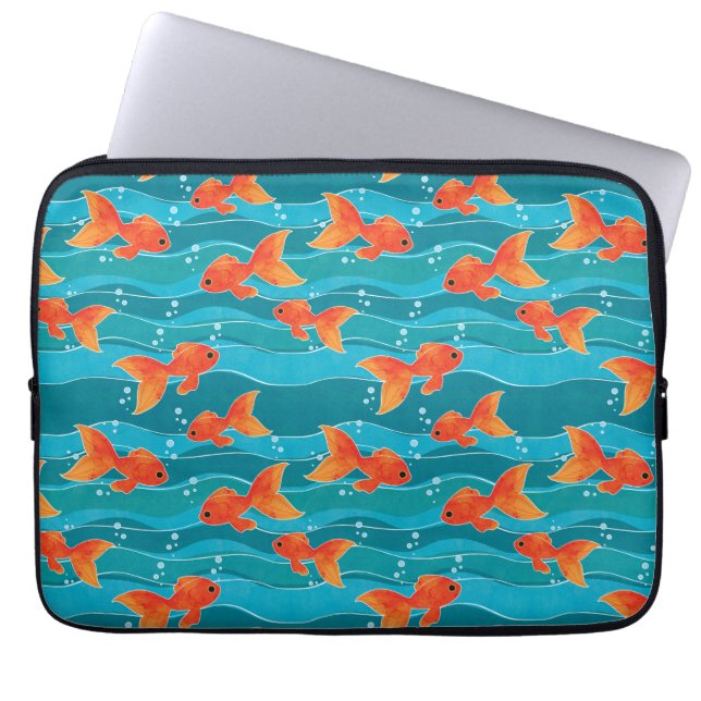 Cute Swimming Goldfish & Water Pattern Laptop Sleeve (Front)