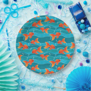 Cute Swimming Goldfish & Water Pattern Paper Plate