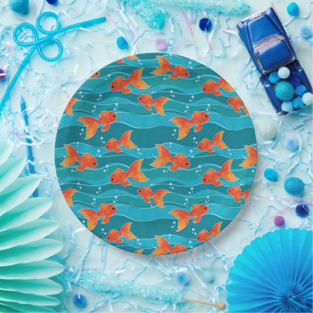 Cute Swimming Goldfish & Water Pattern Paper Plate (Party)