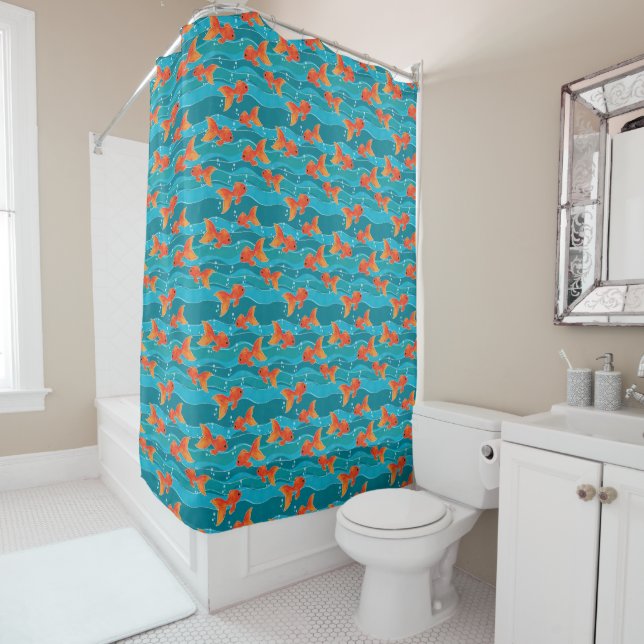 Cute Swimming Goldfish & Water Pattern Shower Curtain (In Situ)