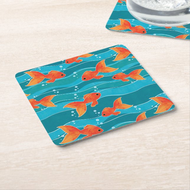 Cute Swimming Goldfish & Water Pattern Square Paper Coaster (Angled)