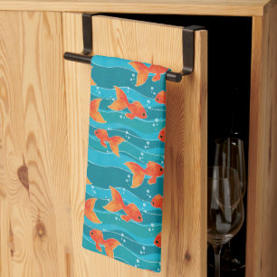 Cute Swimming Goldfish & Water Pattern Tea Towel