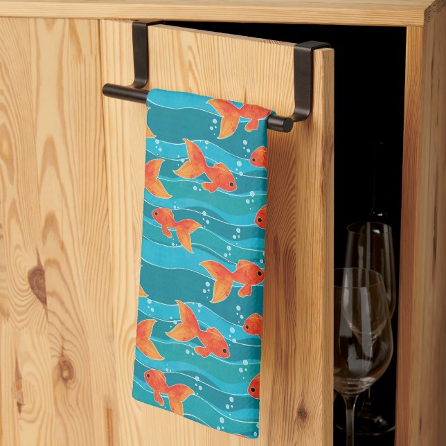 Cute Swimming Goldfish & Water Pattern Tea Towel (Thirds Fold)