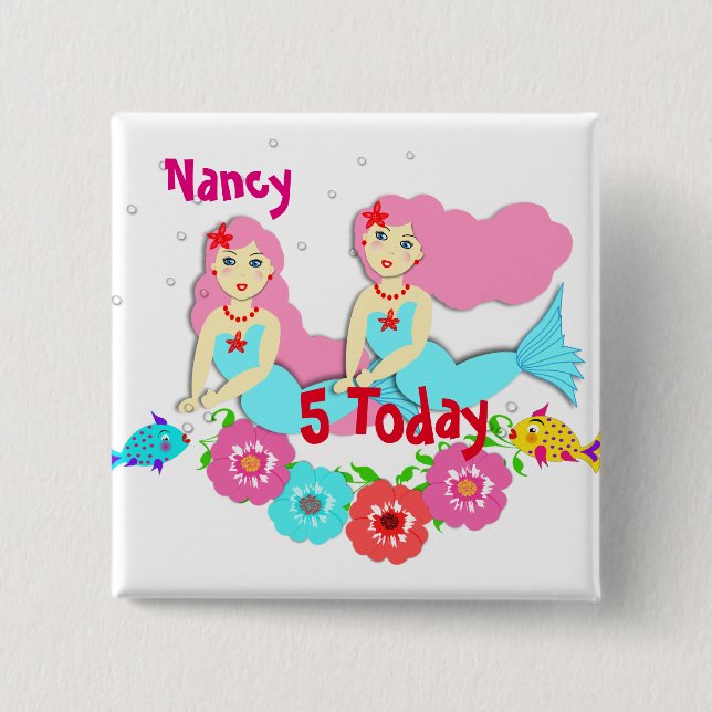 Cute Swimming Mermaid Themed Personalised 15 Cm Square Badge (Front)
