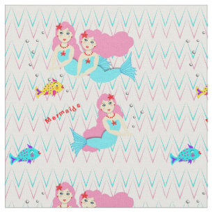 Cute Swimming Mermaids With Fishes Fabric