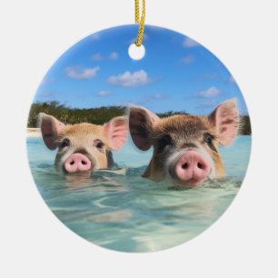 Cute Swimming Pig Exuma Bahamas Ceramic Tree Decoration