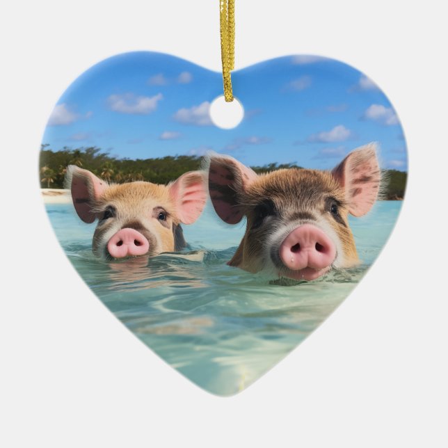 Cute Swimming Pig Exuma Bahamas Ceramic Tree Decoration (Front)