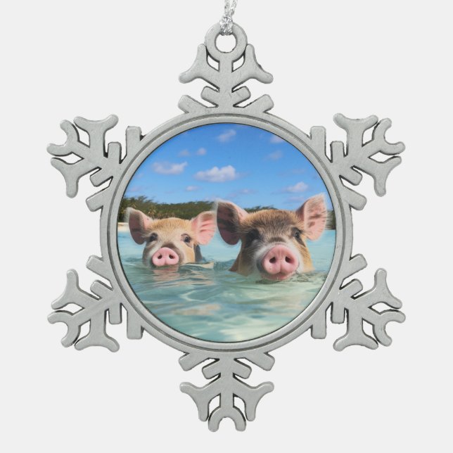 Cute Swimming Pig Exuma Bahamas Snowflake Pewter Christmas Ornament (Front)