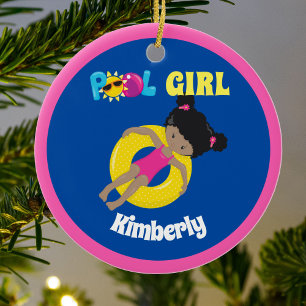 Cute Swimming Pool African American Girl Custom Ceramic Tree Decoration