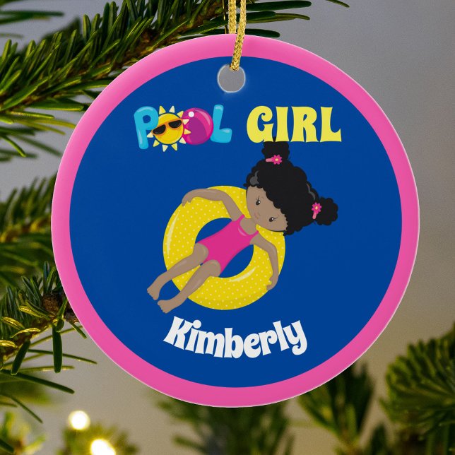 Cute Swimming Pool African American Girl Custom Ceramic Tree Decoration (Creator Uploaded)