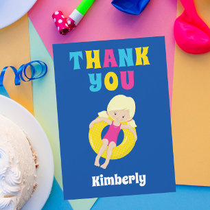 Cute Swimming Pool Blonde Girl Custom Kids Blue Thank You Card